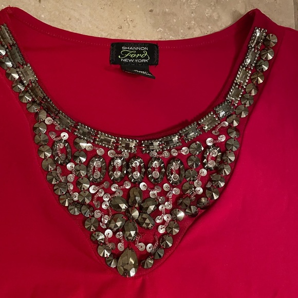 SHANON FORD RED SILVER EMBELLISHED TUNIC SHIRT M HOLIDAY RED - Picture 2 of 2